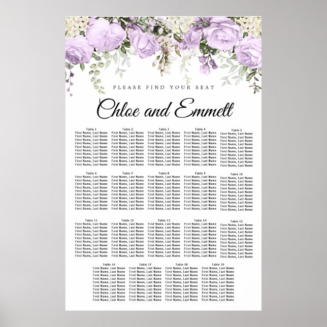 Large Purple Floral 19-Table Wedding Seating Chart (Front)