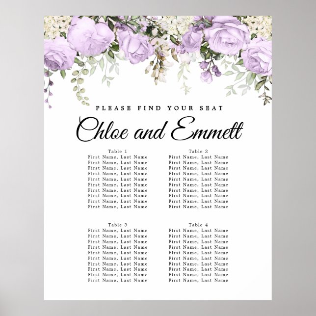 Large Purple Floral 4-Table Wedding Poster (Front)