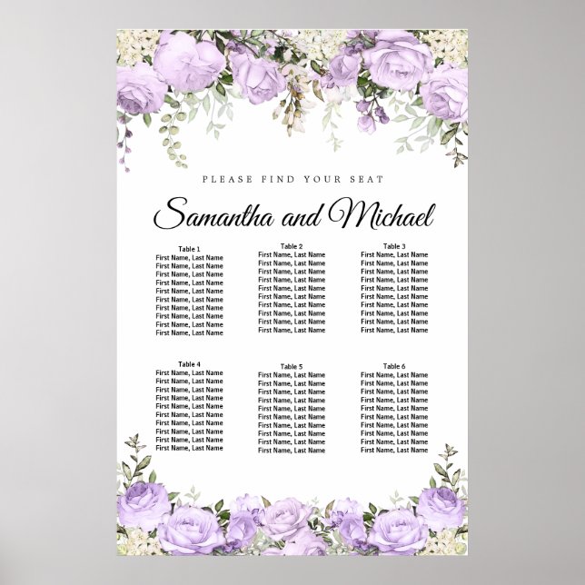 Large Purple Floral 6-Table Wedding Seating Chart (Front)
