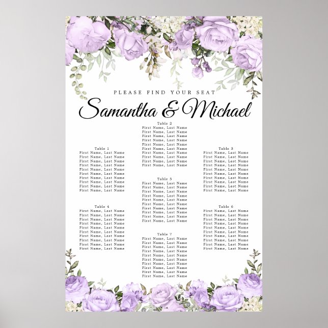 Large Purple Floral 7-Table Wedding  Poster (Front)