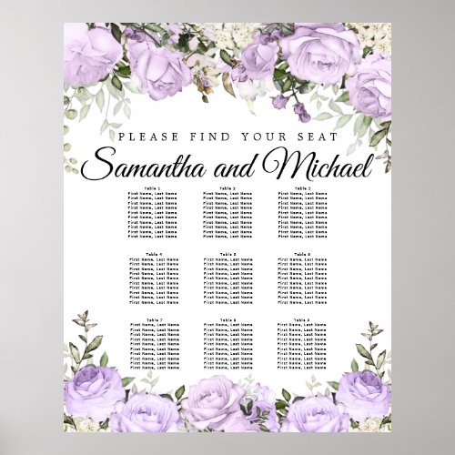 Large Purple Floral 9_Table Wedding Seating Chart