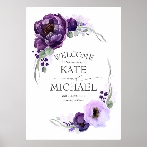 Large Purple Flowers Blossoms Welcome Poster