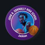 Large Purple High School Basketball Player Photo Button<br><div class="desc">This cool customized high school basketball player photo gift features white typography of your team and player name on a large purple button with a ball. Personalize with your student's photograph and class year as a proud sports parent. A mom and dad can wear these buttons to sports games.</div>