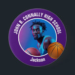 Large Purple High School Basketball Player Photo Button<br><div class="desc">This cool customized high school basketball player photo gift features white typography of your team and player name on a large purple button with a ball. Personalize with your student's photograph and class year as a proud sports parent. A mom and dad can wear these buttons to sports games.</div>