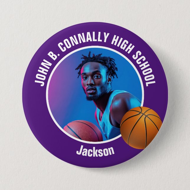 Large Purple High School Basketball Player Photo Button (Front)