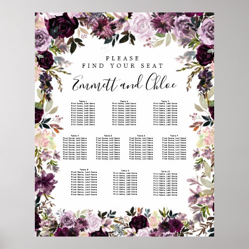 Large Purple Pink Floral 10_Table Seating Chart