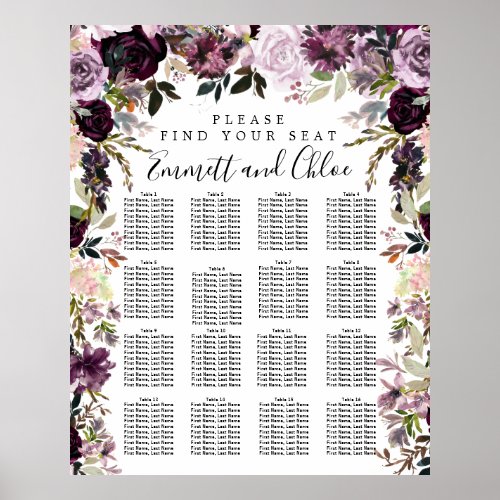 Large Purple Pink Floral 16_Table Seating Chart