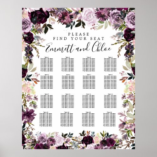 Large Purple Pink Floral 16_Table Seating Chart