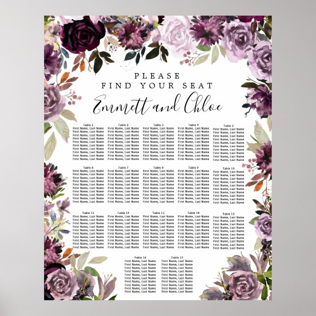 Large Purple Pink Floral 17-Table Seating Chart (Front)