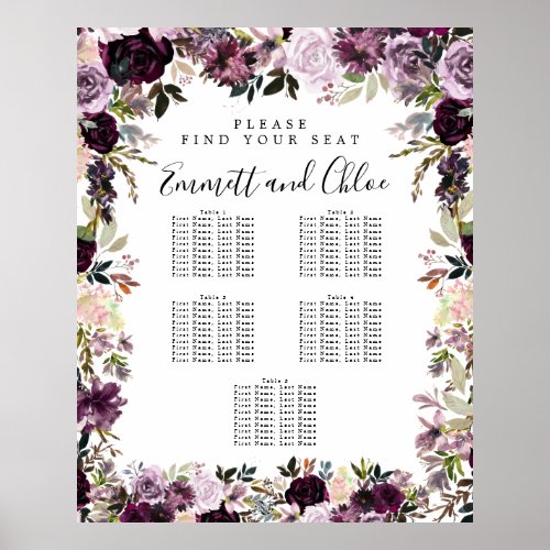 Large Purple Pink Floral 5_Table Seating Chart
