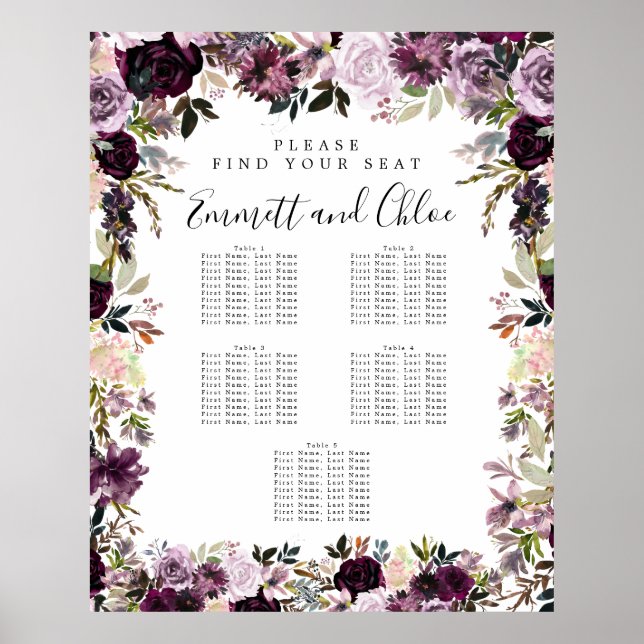 Large Purple Pink Floral 5-Table Seating Chart (Front)