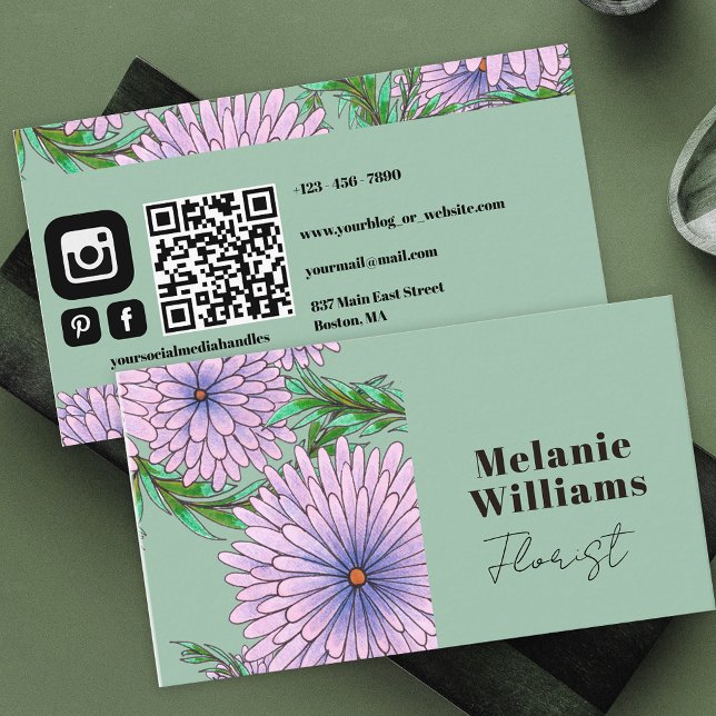 Large Purple Pink Flowers on Soft Green Florist Business Card (Creator Uploaded)
