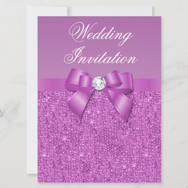 Large Radiant Orchid Sequins Bow & Diamond Wedding Invitation (Front)