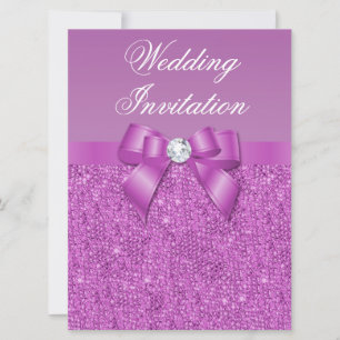 Large Radiant Orchid Sequins Bow & Diamond Wedding Invitation