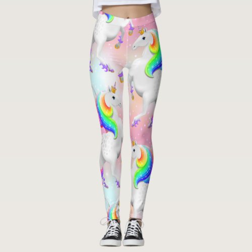 Large Rainbow Princess Unicorn on pink and blue Leggings