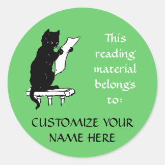 Large Reading Cat Bookplate Sticker in Light Green