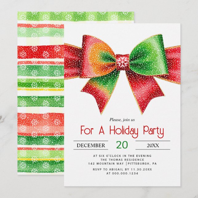 Large red and green bow christmas holiday party invitation (Front/Back)