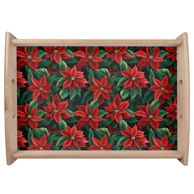 Large Red and Green Poinsettias Digital Art Serving Tray (Front)