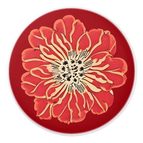 Large Red Art Nouveau Flower  Ceramic Knob