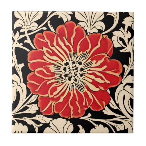 Large Red Art Nouveau Flower  Ceramic Tile