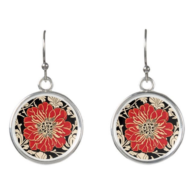 Large Red Art Nouveau Flower  Earrings (Front)