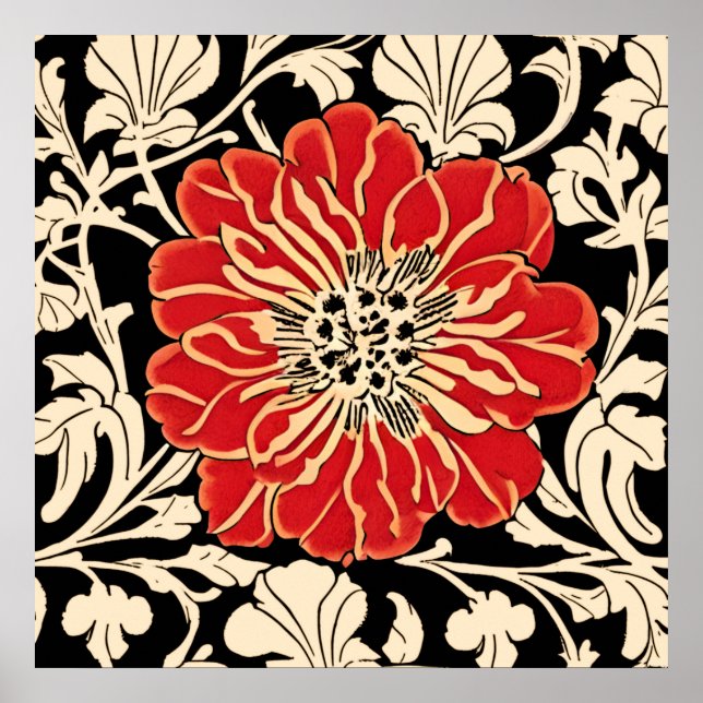 Large Red Art Nouveau Flower  Poster (Front)