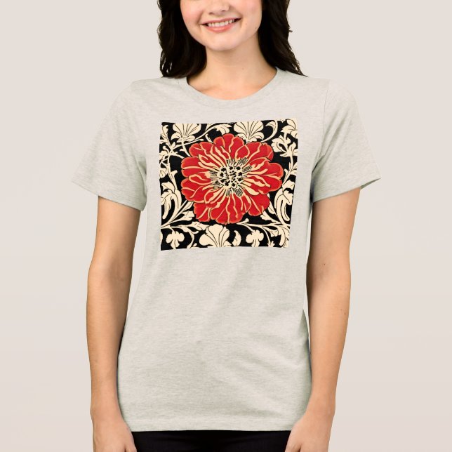 Large Red Art Nouveau Flower  Tri-Blend Shirt (Front)