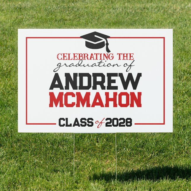Large Red & Black Graduation Party Yard Sign (Elegant, Modern & Simple Red & Black Graduation Yard Sign)