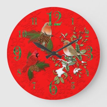 Large Red Cardinal And English Robin Wall Clock by The_Clock_Shop at Zazzle