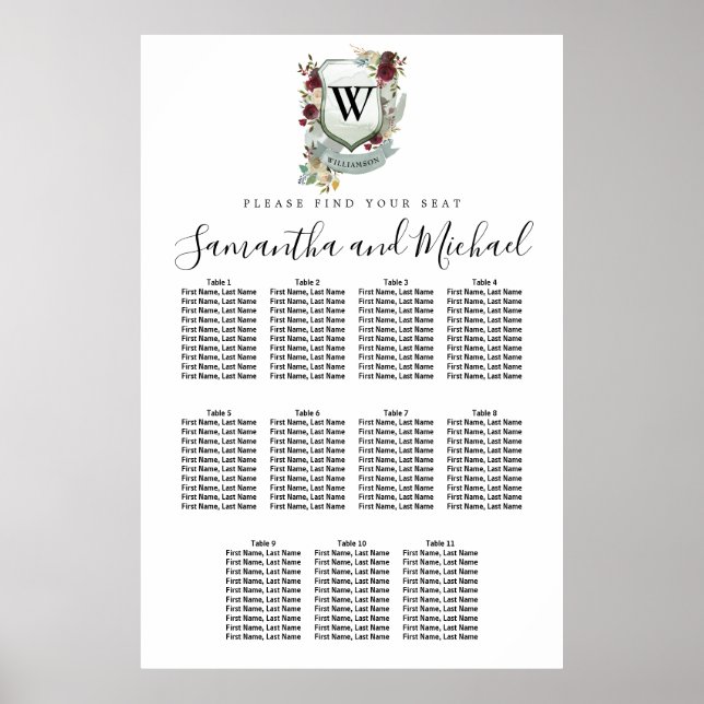 Large Red Floral Crest 11-Table Seating Chart (Front)