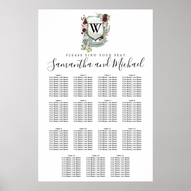 Large Red Floral Crest 15-Table Seating Chart (Front)