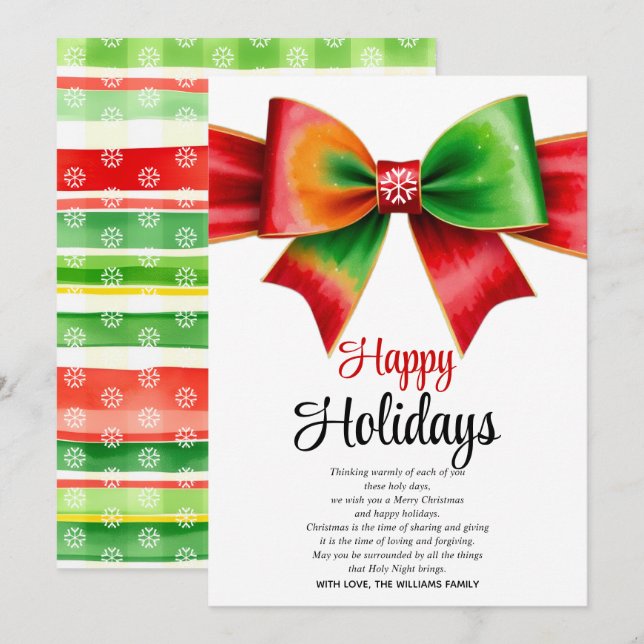 Large red, green bow and stripes Christmas  Holiday Card (Front/Back)