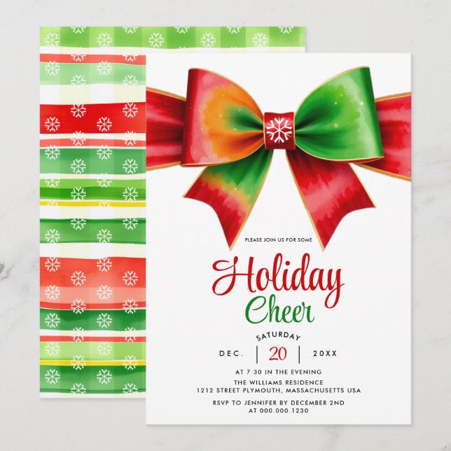 Large red, green bow and stripes Christmas party Invitation (Front/Back)