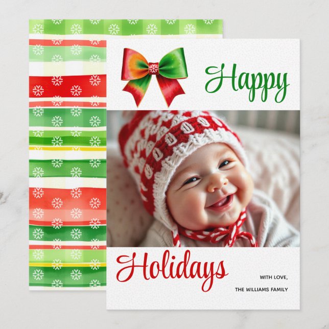 Large red, green bow and stripes Christmas photo Holiday Card (Front/Back)