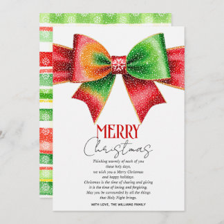 Large red, green bow, snowflakes Merry Christmas Holiday Card