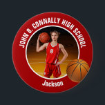 Large Red High School Basketball Player Photo Button<br><div class="desc">This cool customized high school basketball player photo gift features white typography of your team and player name on a large red button with a ball. Personalize with your student's photograph and class year as a proud sports parent. A mom and dad can wear these buttons to sports games.</div>