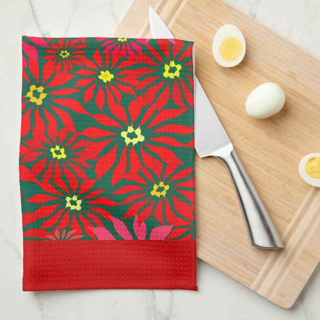 Large Red Poinsettia Flowers on Green Red Borders Kitchen Towel (Quarter Fold)