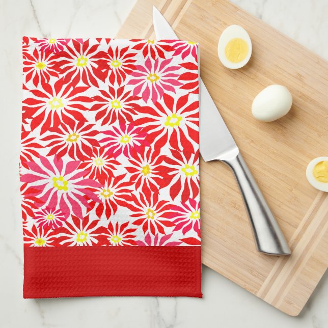 Large Red Poinsettia Retro Floral Pattern Kitchen  Towel (Quarter Fold)