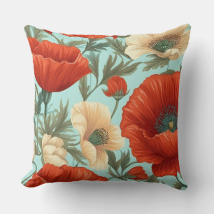 Large Red Poppy Floral Pattern on Blue Throw Pillo Pillow