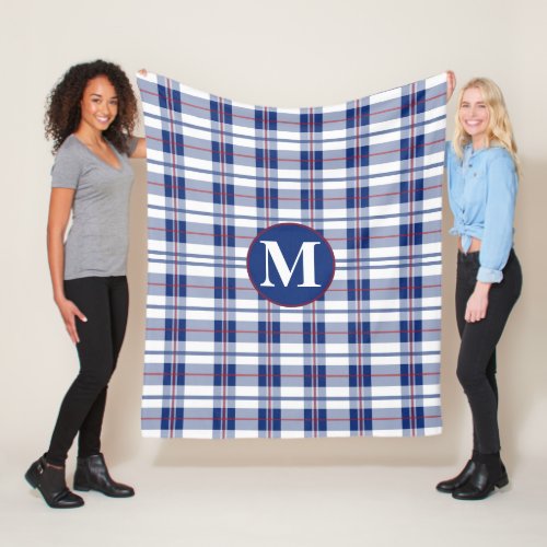 Large Red White  Blue Monogram Plaid Fleece Blanket