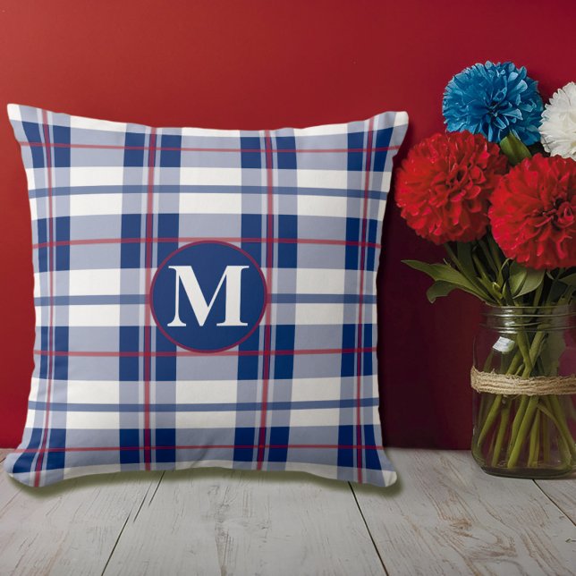Large Red, White & Blue Monogram Plaid Throw Pillow (Creator Uploaded)