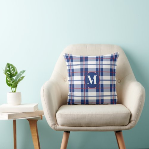 Large Red White  Blue Monogram Plaid Throw Pillow