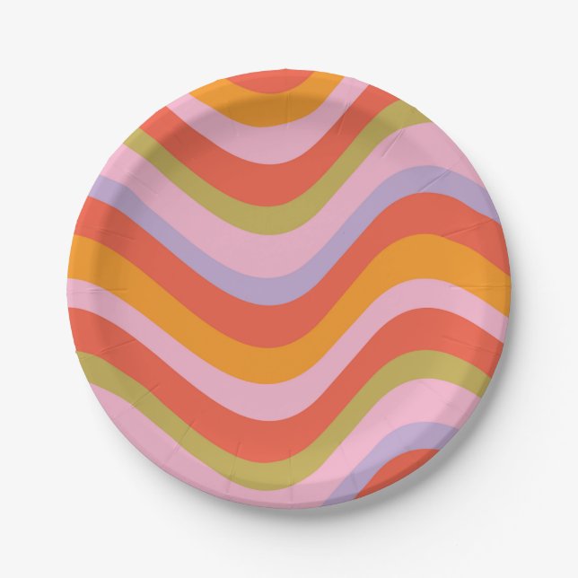 Large Retro and Colorful Wavy Stripes Paper Plates (Front)