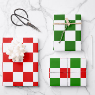 Large Retro Checkerboard Red and Green Christmas Wrapping Paper Sheets