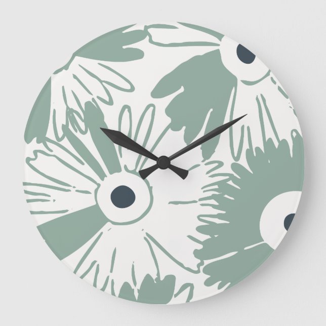 Large Retro Daisy Flower Power Muted Sage Green Clock (Front)