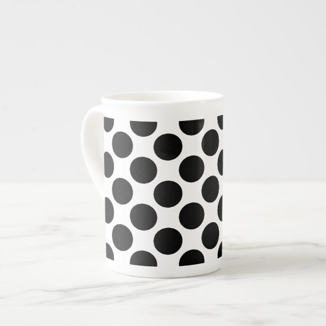 Large retro dots - black and white bone china mug (Front Left)