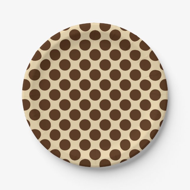 Large retro dots - chocolate brown and tan paper plates (Front)