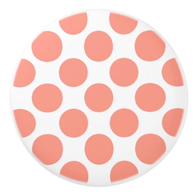 Large retro dots - coral pink and white ceramic knob (Front)
