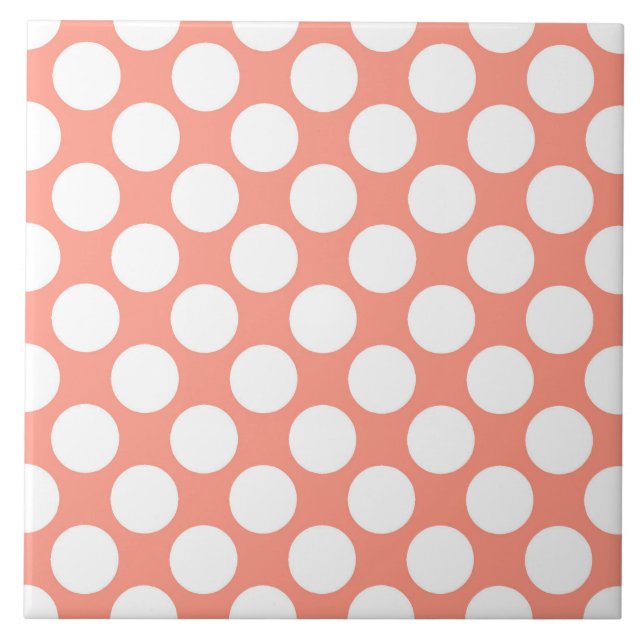 Large retro dots - coral pink and white ceramic tile (Front)
