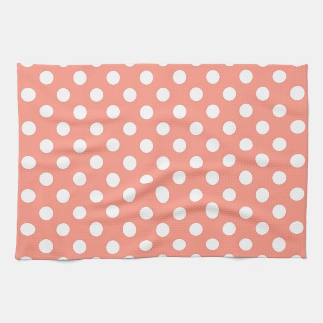 Large retro dots - coral pink and white towel (Horizontal)